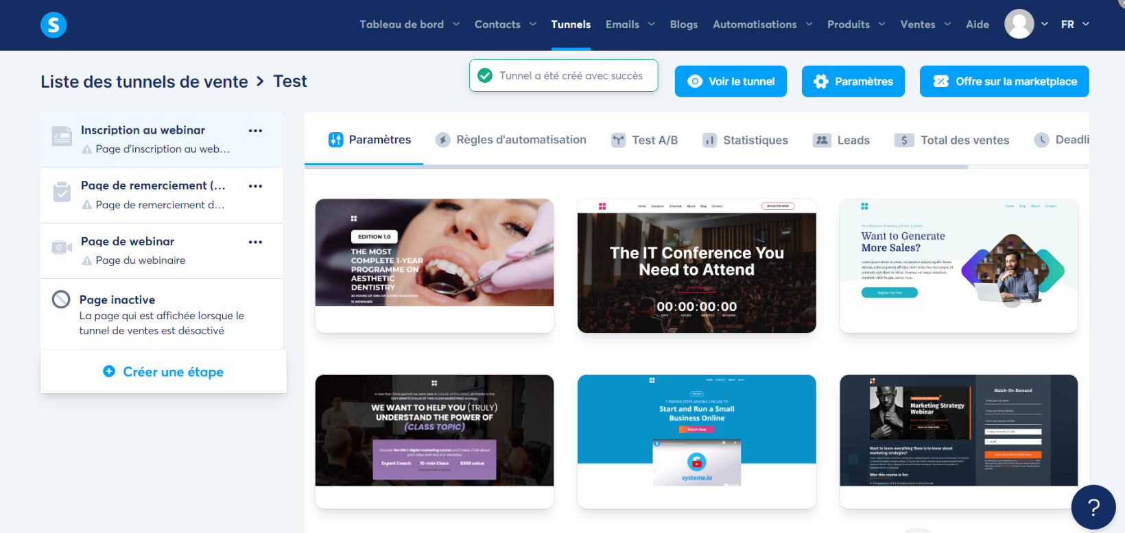 Example screen inside Systeme.io